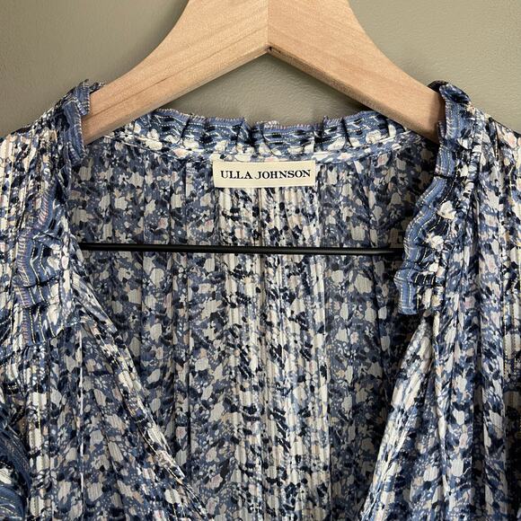 Ulla Johnson Nyssa Dress Sky Blue Silk Size 2 Ruffles Metallic Smocked Chic Boho - Picture 9 of 16